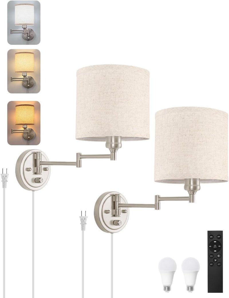 GOODATE Plug in Wall Sconces with Remote Control, Dimming & Adjustable Colors 2700K-6500K, Hardwire or Plug-in, Swing Arm Wall Lamp with Linen Fabric Shade, Wall Sconces Set of Two, Brushed Nickel Finish - Image 1